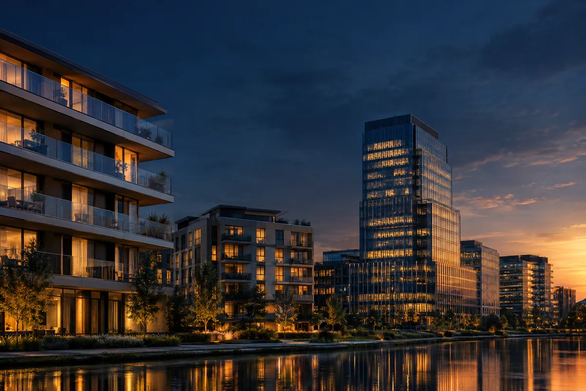 Residential and office buildings with lit windows at dusk