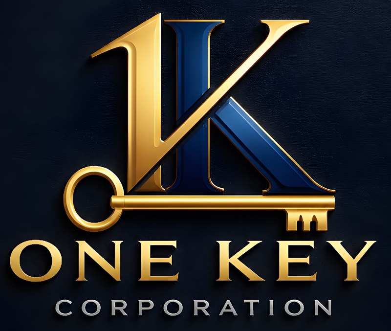 One Key Corporation logo: a gold 1 and navy K joined above a gold key